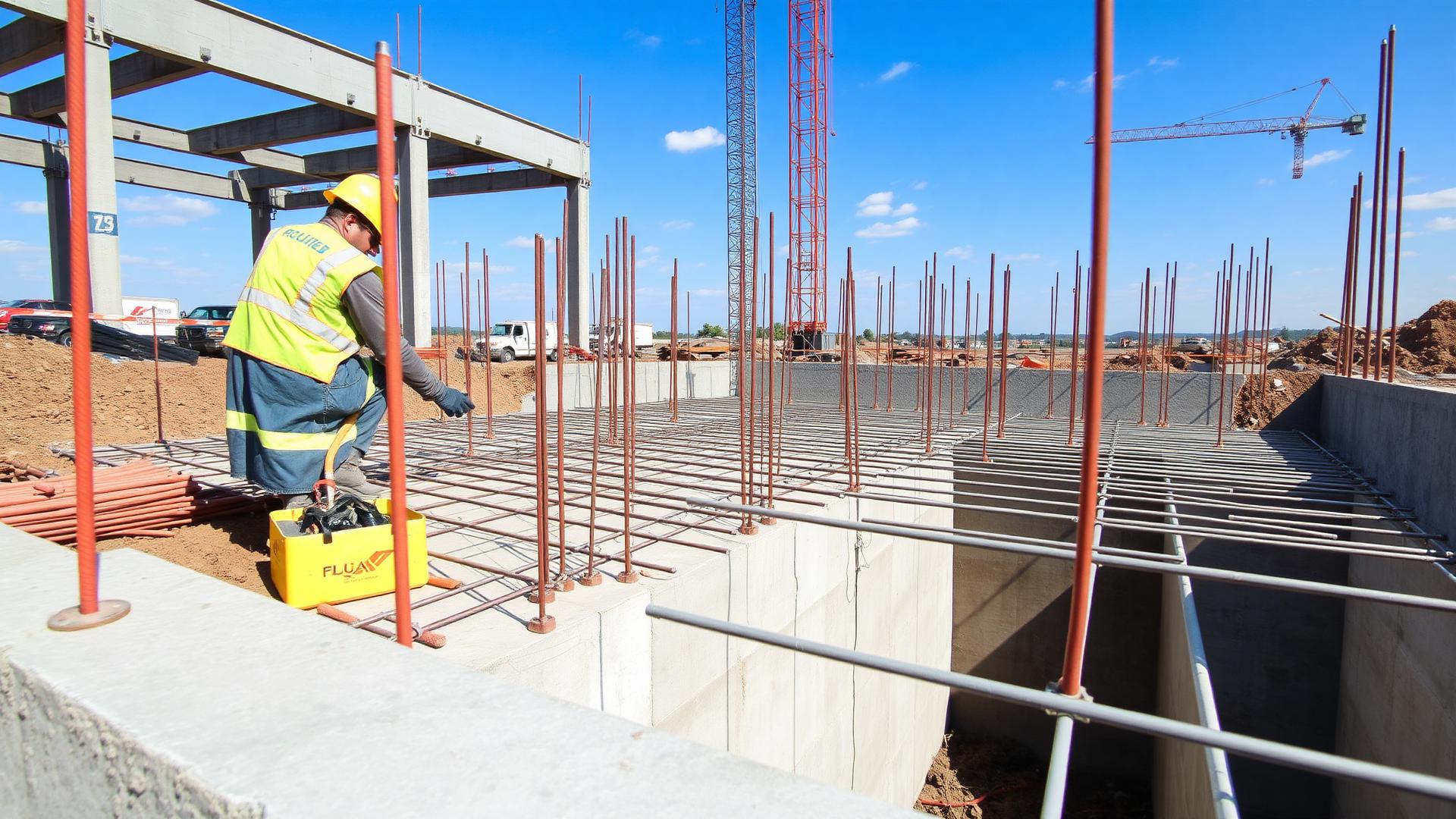 Structural concrete civil works with reinforced foundations and formwork on a construction site