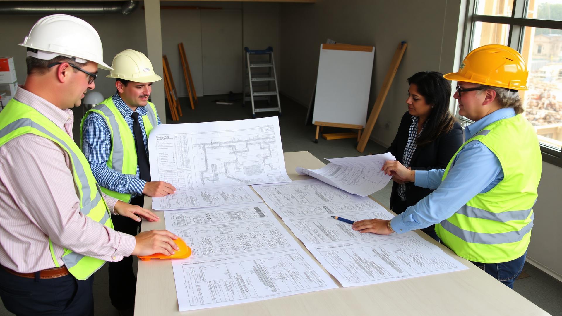 MAGMA construction management team reviewing blueprints and schedules at a project site in Lebanon