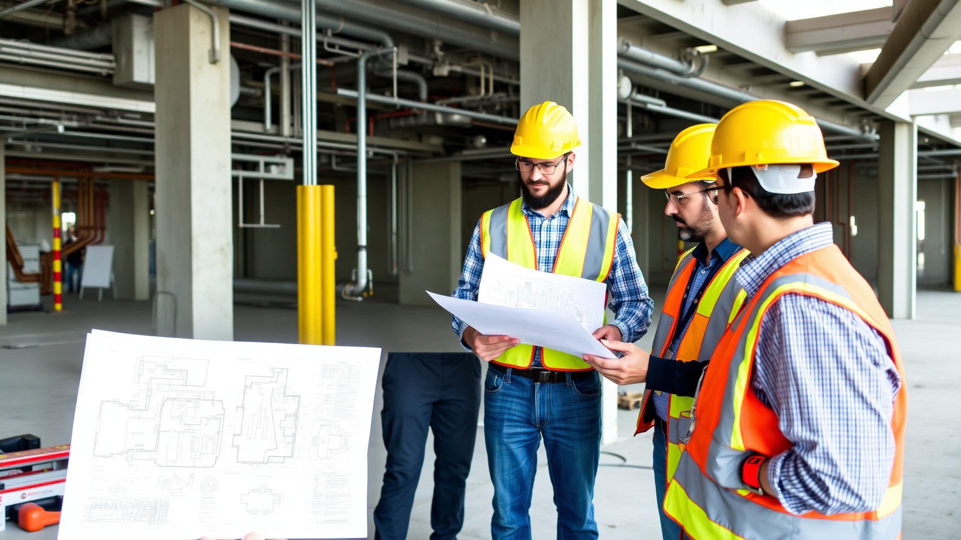 MAGMA engineering team reviewing MEP blueprints on a project site in Lebanon