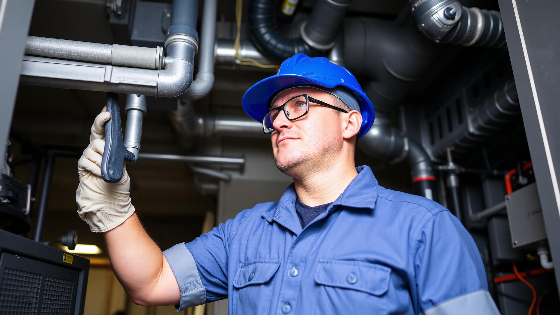 MAGMA facility maintenance technician inspecting building mechanical systems in a commercial facility in Lebanon