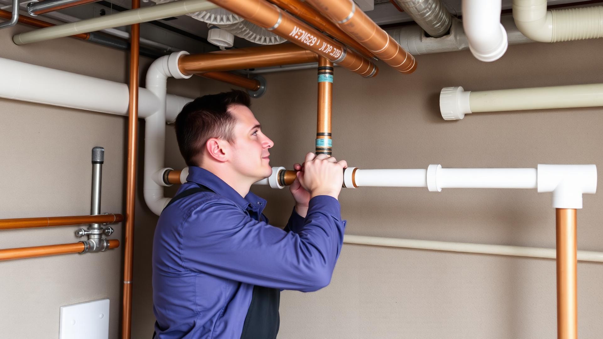 Professional plumbing installation with copper and PVC pipes in a commercial building