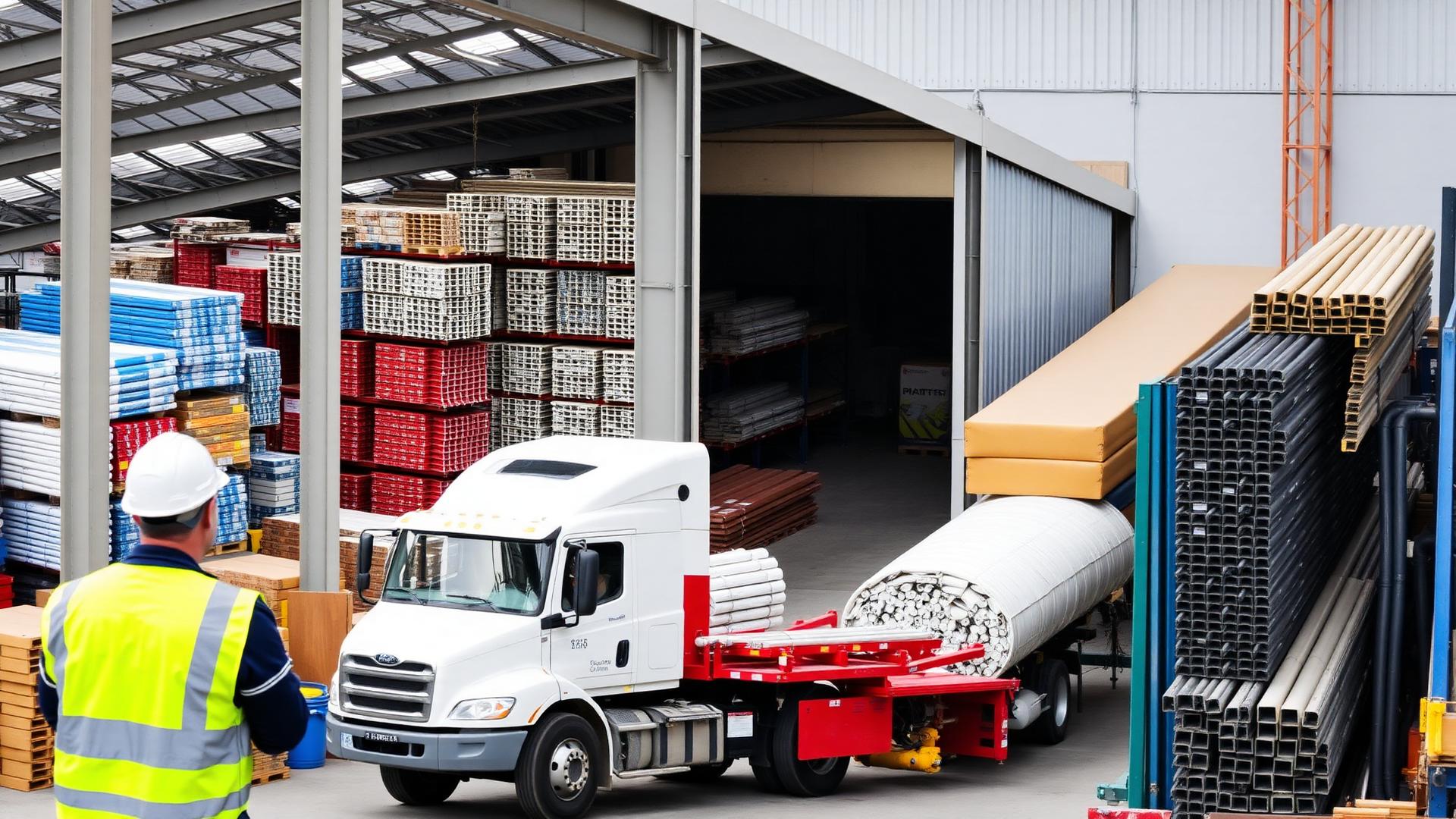 Construction materials warehouse with organized inventory and delivery trucks for procurement coordination in Lebanon