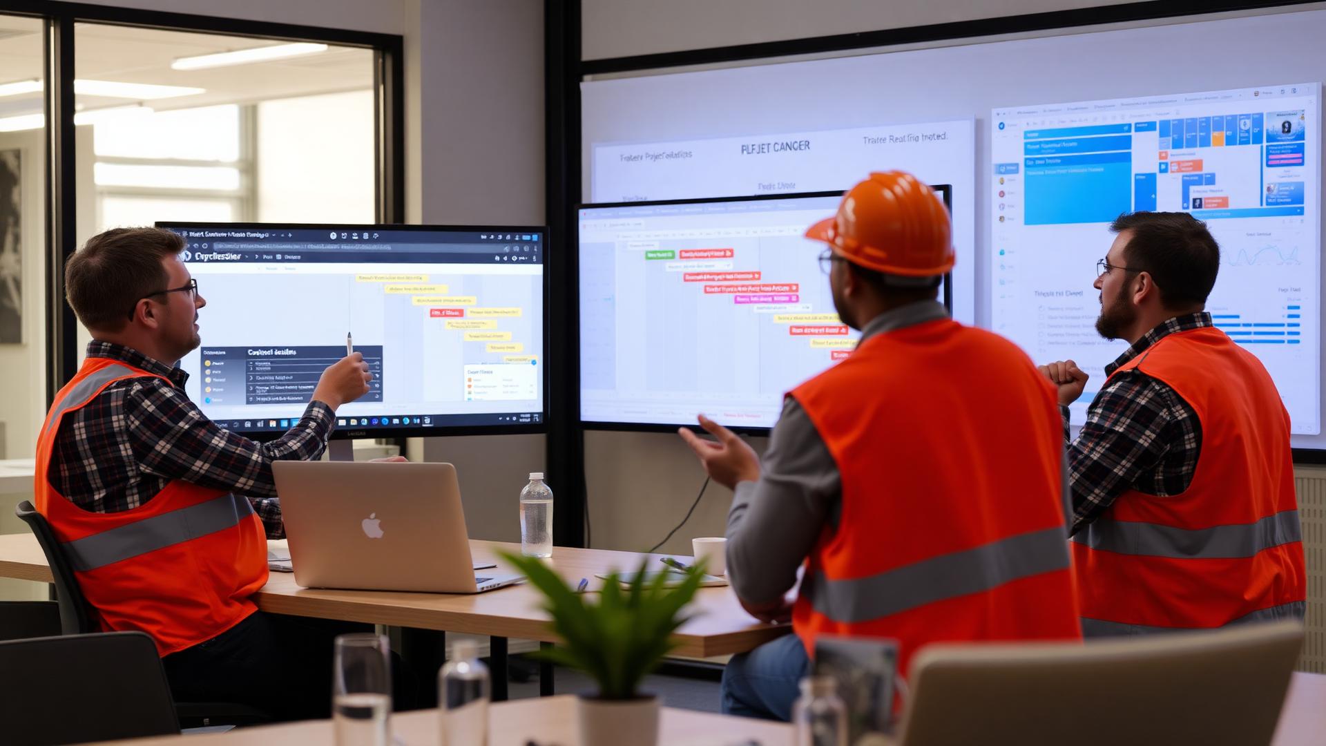 MAGMA project planning session with Gantt charts and construction schedules in Lebanon