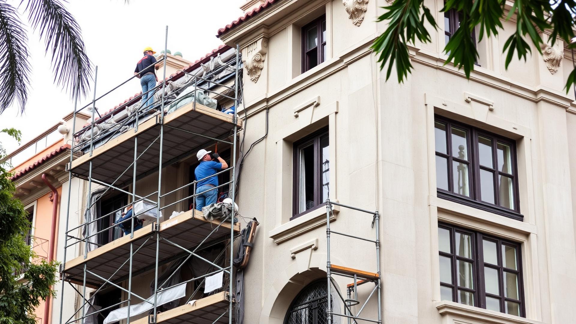 Building renovation project with scaffolding on a Mediterranean-style building in Lebanon