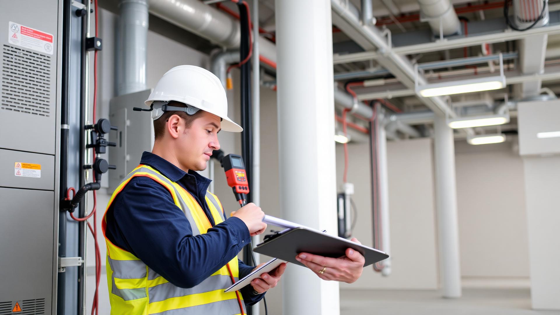 MAGMA engineer testing and commissioning MEP systems with measurement instruments in a new building in Lebanon